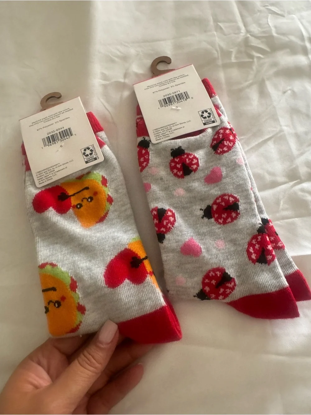 Cure Crew Socks - Red & White Love Bug / Taco Design